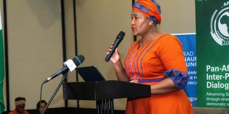 Honourable Nthati Moorosi, Minister of Information, Communication, Science, Technology and Innovation for Lesotho, speaking during the inaugural Pan African Inter Party Dialogue in Maseru.