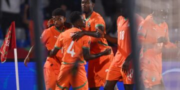 Côte d’Ivoire forward Amad Diallo celebrates his match winning goal alongside teammates during their Group F victory over Mozambique at the TotalEnergies CAF Africa Cup of Nations Morocco 2025.