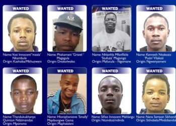 Lined mug shots of suspects wanted by the Royal Eswatini Police Service in connection with organised offences including murder and attempted murder. Photo by REPS.