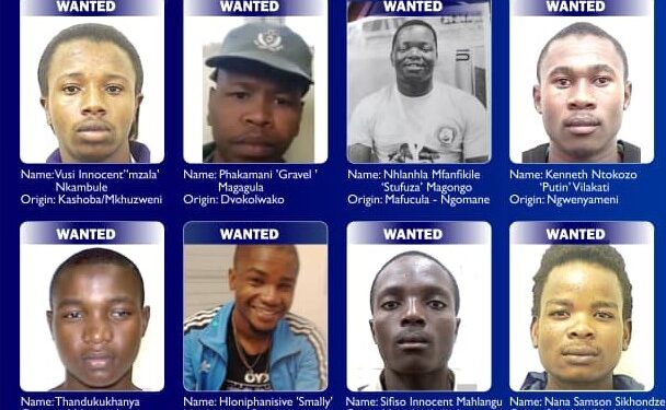 Lined mug shots of suspects wanted by the Royal Eswatini Police Service in connection with organised offences including murder and attempted murder. Photo by REPS.