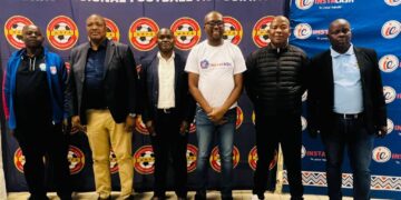 INSTACASH Managing Director Mandla Cheeks Mnguni Nxumalo posing with the executives and competition committees from the four Regional Football Associations