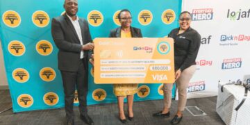FNB Eswatini's Dr. Mncedzi Ngomane, Director of National Health Services Dr Velephi Okello, and Pic 'n' Pay's store manager Linda Zwane posing for a picture at the gift handover at FNB Headquarters, Ezulwini. Photo by Samkelisiwe Mavimbela