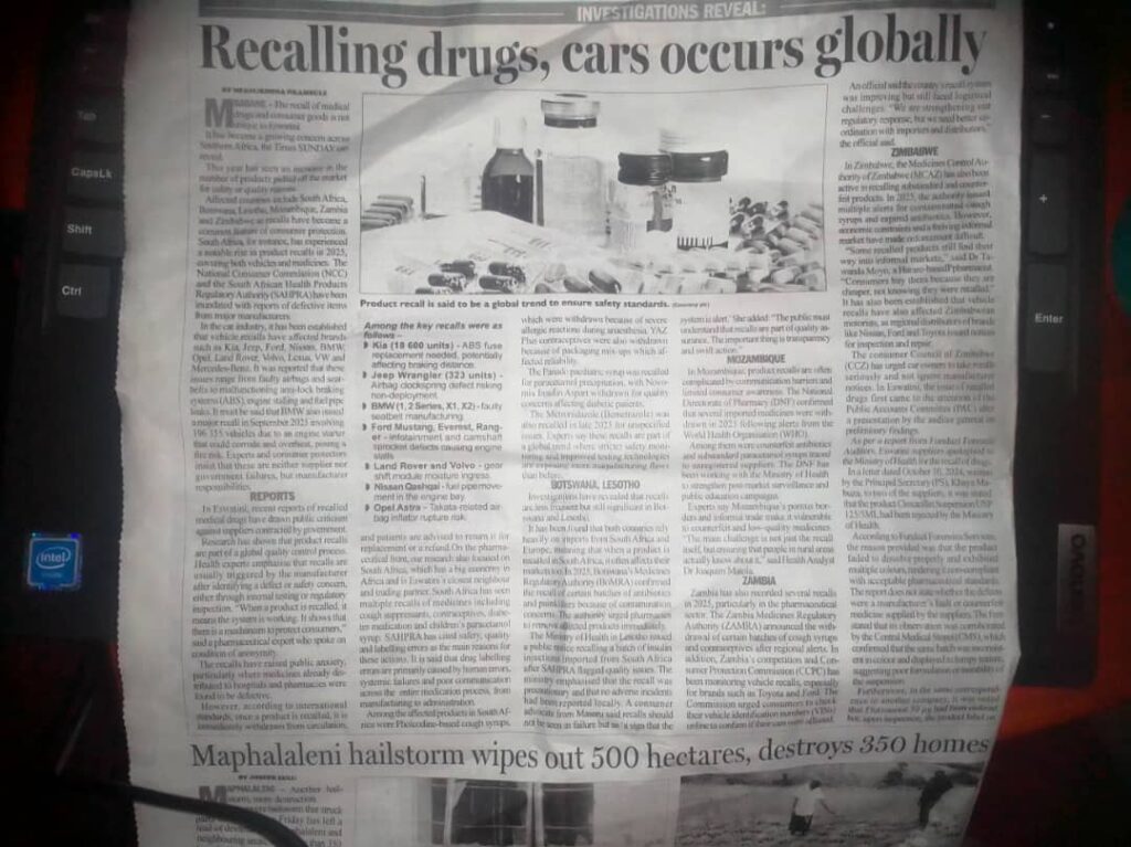 A page from the Times of Eswatini SUNDAY cited to support claims that drug recalls are common