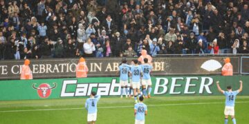 Manchester City players celebrate Cherki’s opener against Brentford at the Etihad Stadium as they march into the EFL Cup semi-finals.