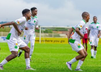 Nsingizini Hotspurs players celebrate one of their four goals during their 4-0 win over Manzini Wanderers at Mavuso Sports Centre. Photo by Nsingizini Hotspurs