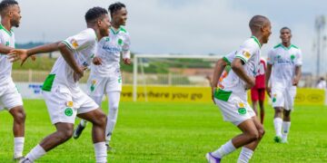 Nsingizini Hotspurs players celebrate one of their four goals during their 4-0 win over Manzini Wanderers at Mavuso Sports Centre. Photo by Nsingizini Hotspurs