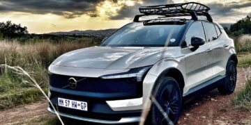 The Volvo EX30 Cross Country shows off its raised ride height, skid plates and distinctive front fascia during a South African road test. Photo by Mark Jones