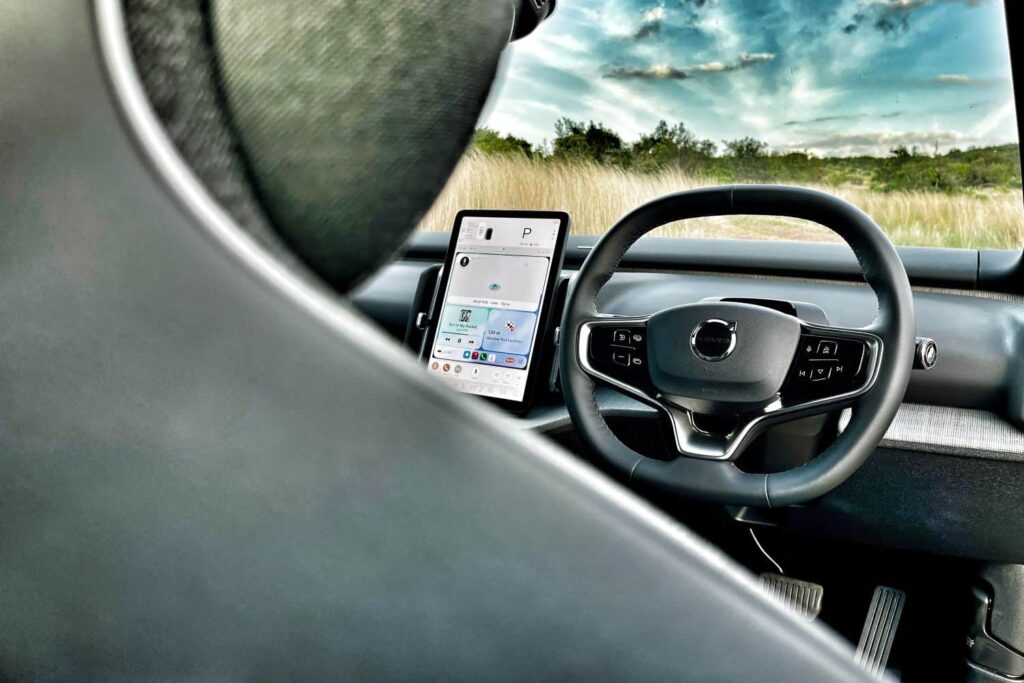 The minimalist cabin of the Volvo EX30 Cross Country centres around a 12.3 inch touchscreen that controls most vehicle functions. Photo by Mark Jones