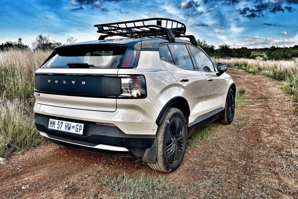 The rear of the Volvo EX30 Cross Country features darker design accents and compact SUV proportions aimed at urban and light off road use. Photo by Mark Jones