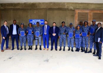 Members of the Royal Eswatini Police Service and officials from the United States Embassy in Eswatini pose for a group photo following a courtesy visit to police headquarters in Mbabane