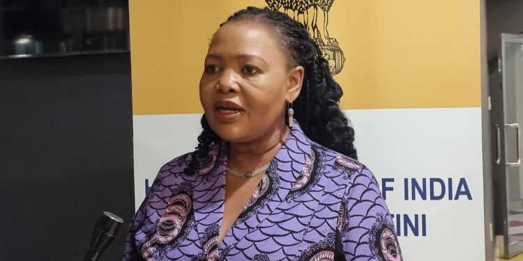 H.E. Pholile Shakantu, Minister of Foreign Affairs and International Cooperation, speaks to Independent News during the Indian Republic Day celebrations in Mbabane. Photo by Adekunle Owolabi