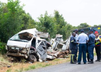 Emergency services attend to the scene of a fatal scholar transport crash at the ArcelorMittal steel plant in Vanderbijlpark, where 12 schoolchildren lost their lives.
