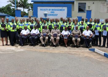 Graduates of Traffic Management Course Number 1 of 2025 pose for a group photo with senior officers during the course closing ceremony at Matsapha Police Academy. Photo by Royal Eswatini Police Service.
