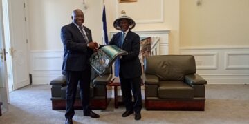 Former South African President Thabo Mbeki meets Prime Minister Ntsokoane Matekane at the Royal Palace in Maseru ahead of the 30th anniversary commemoration of King Moshoeshoe II.