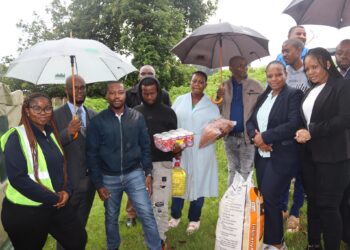 Piggs Peak Town Council Mayor Ward 1 Cllr. Sipho Shongwe, CEO Roison Daniel Pave, and management visiting the Shiba family in Malandalahle after their home collapsed, providing relief and support. Photo by Piggs Peak Town Council.