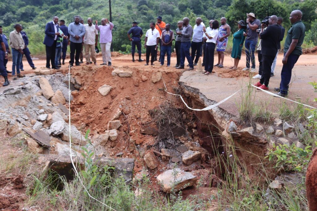 Prime Minister Russell Mmiso Dlamini with Minister for Tinkhundla Administration and Development Hon. S’khumbuzo Dlamini and National Disaster Management Agency Chief Executive Officer Victor Mahlalela during an inspection of roads and low level bridges damaged by recent heavy rains.