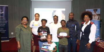 Children and young adults living with Type 1 diabetes pose for a group photo after receiving diabetes management equipment during a Ministry of Health programme in Mbabane. Photo by Ministry of Health Eswatini