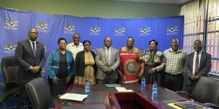 Minister Manqoba Khumalo with FESBEC and Eswatini MSME Chamber leaders during the high-level engagement in Mbabane.