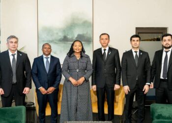 The Turkmenistan business delegation pictured with the Minister of Foreign Affairs and International Cooperation, Hon. Pholile Shakantu, during their official arrival in the Kingdom of Eswatini. Photo credit Eswatini Government.