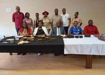 Principal Secretary at the Ministry of Commerce Industry and Trade Ambassador Melusi Masuku with Eswatini artisans selected to represent the country at the Surajkund Mela Crafts Fair in India, ahead of their departure.