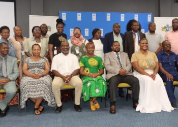 Auditor General Mr Timothy Matsebula poses for a group photo with Office of the Auditor General reviewers and team leaders, alongside facilitators and partners, at the close of the five day Quality Management training held at the UN House in Mbabane. Photo by UNDP.