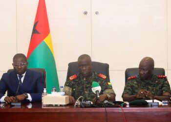 From L-R, Guinea-Bissau's Prime Minister Ilidio Vieira Te, transitional president Major-General Horta Inta-a and Major-General Tomas Djassi, chief of staff of the Armed Forces, attend a press conference in Bissau, Guinea-Bissau, December 19, 2025. REUTERS/Delcyo Sanca/File Photo