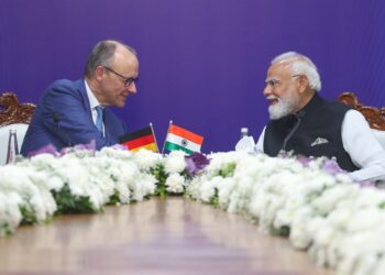 Indian Prime Minister Narendra Modi and German Chancellor Friedrich Merz during their meeting in Ahmedabad on Monday. Photo by X/@narendramodi