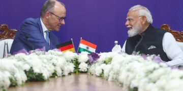 Indian Prime Minister Narendra Modi and German Chancellor Friedrich Merz during their meeting in Ahmedabad on Monday. Photo by X/@narendramodi