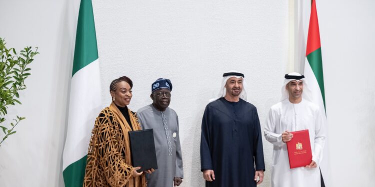 President Bola Ahmed Tinubu of Nigeria and President Sheikh Mohamed bin Zayed Al Nahyan of the UAE with Nigerian Minister of Industry, Trade and Investment Dr Jumoke Oduwole and UAE Minister of Foreign Trade Dr Thani bin Ahmed Al Zeyoudi following the signing of the trade pact in January 2026. Photo by X/@joduwole
