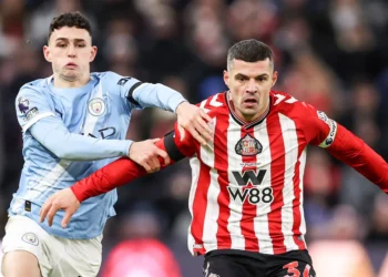 Sunderland midfielder Granit Xhaka shields the ball under pressure from Manchester City’s Phil Foden during their goalless Premier League draw at the Stadium of Light.