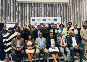 Ministry of Education and Training Under Secretary Lungelo Nhlengwethwa having a photo moment with UN Delegation in Eswatini, Ministry officials and TVET institution principals during the information sharing session. File Pic