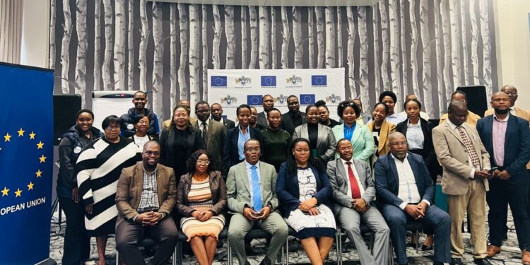 Ministry of Education and Training Under Secretary Lungelo Nhlengwethwa having a photo moment with UN Delegation in Eswatini, Ministry officials and TVET institution principals during the information sharing session. File Pic