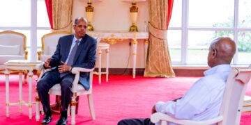 President Yoweri Museveni receives newly elected African Union Commission Chairperson Mahmoud Ali Youssouf during a courtesy visit to Uganda in April 2025. Photo credit MoFA Uganda.
