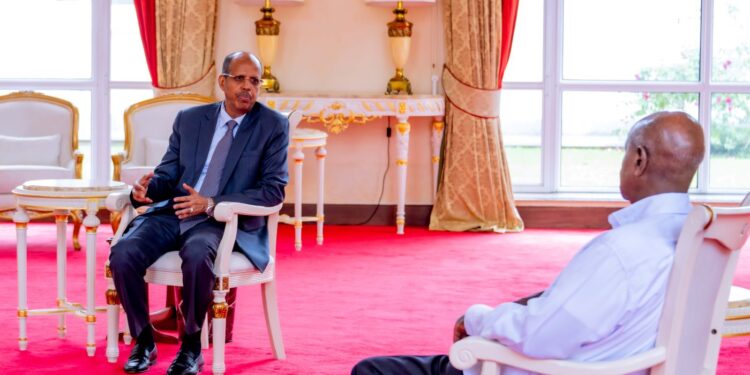 President Yoweri Museveni receives newly elected African Union Commission Chairperson Mahmoud Ali Youssouf during a courtesy visit to Uganda in April 2025. Photo credit MoFA Uganda.