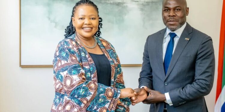 Minister Pholile Shakantu of Eswatini (left) with South African Charge d’Affaires, Mr. Tiyani Raymond Sithole, during a courtesy call in Mbabane on 8 January 2026. Photo credit: Ministry of Foreign Affairs and International Cooperation, Eswatini