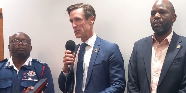 Left Dennis Khumalo Chief Fire Officer, UNDP representative Henrik Franklin, and NDMA CEO Victor Mahlalela