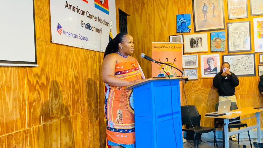 HRH Princess Sakhizwe addressing stakeholders during the MoU signing ceremony for the Made in Eswatini initiative at the American Corner, Mbabane Library. Photo by Khulekile Mhlanga