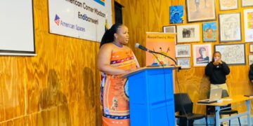 HRH Princess Sakhizwe addressing stakeholders during the MoU signing ceremony for the Made in Eswatini initiative at the American Corner, Mbabane Library. Photo by Khulekile Mhlanga