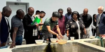 Eswatini Aquaculture Project Manager Samuel Liu demonstrating during the research launch last Friday. Photo by Taiwan Eswatini