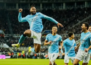 Manchester City's Antoine Semenyo, left, celebrates a goal that was later disallowed by a VAR decision during the English League Cup semifinal first leg soccer match between Newcastle and Manchester City in Newcastle, England, Tuesday, Jan. 13, 2026. (AP Photo/Dave Thompson)