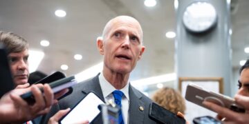 Florida Sen. Rick Scott speaks to reporters as he arrives in the U.S. Capitol for a vote on Tuesday, January 06, 2026. Bill Clark/CQ-Roll Call, Inc via Getty Images