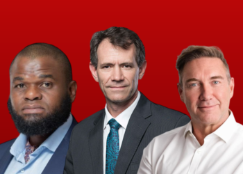 FSRA Chief Executive Officer Mr Ncamiso T. Ntshalintshali, Minister of Finance Neal Rijkenberg, and Mr Dave Van Niekerk