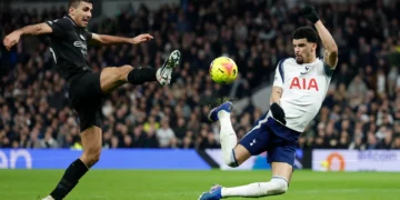 Dominic Solanke connects with a spectacular scorpion kick to score Tottenham Hotspur’s equaliser against Manchester City during their Premier League clash in north London.