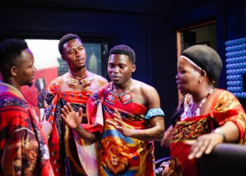 Cy Ndukwemnyama, Sancheziey Salukazana and Lodanda captured in studio during the recording of the Siyabonga Gogo remix. Photo by Sancheziey Salukazana.