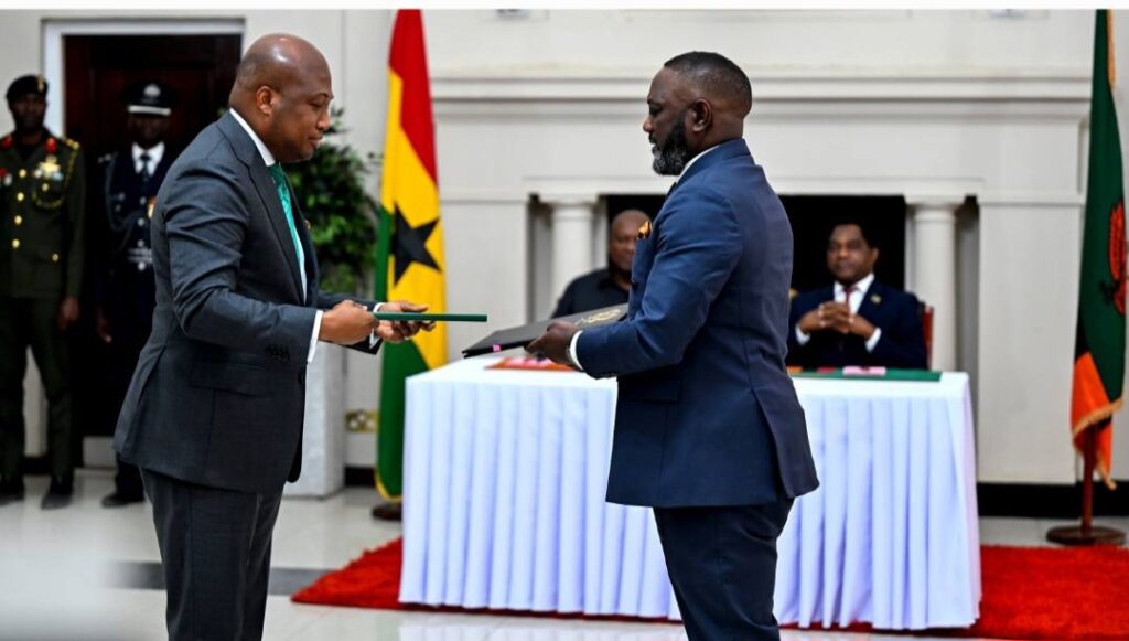 Zambia’s and Ghana’s Foreign Affairs Ministers exchange signed MoUs, formalising cooperation across diplomacy, trade, health, and security.