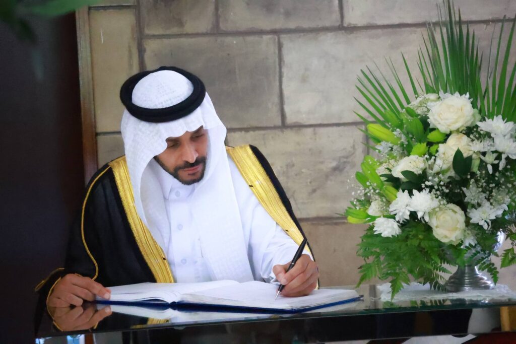 His Excellency Mr. Faisal bin Falah Al Harbi, Ambassador of the Kingdom of Saudi Arabia, signing the official register after presenting his Letters of Credence.