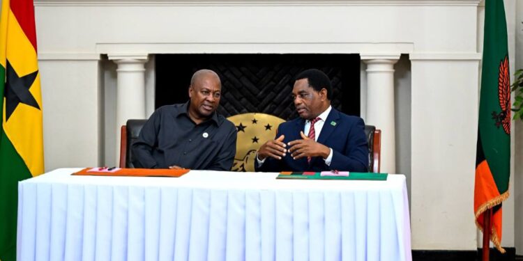 Zambia’s President and Ghana’s President pose together after signing 10 bilateral agreements at State House in Lusaka.