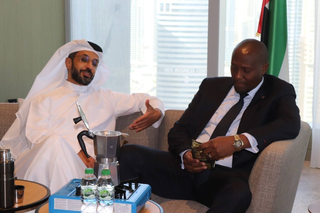 Prime Minister Russell Mmiso Dlamini in conversation with DMCC Executive Chairman and CEO Mr Ahmed Sultan Bin Sulayem while sampling special slow-brewed coffee.