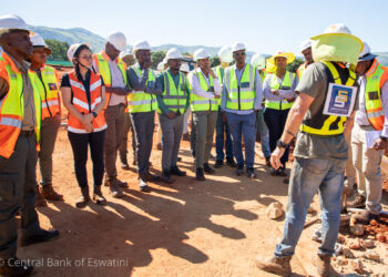 Representatives from the Central Bank of Eswatini and Bank of Mozambique meet at the CBE headquarters construction site in Ezulwini to review progress and share expertise. Photo credit: Central Bank of Eswatini