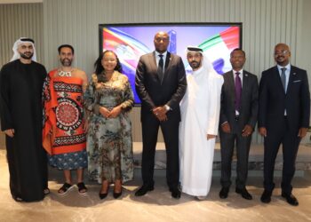 Prime Minister Russell Mmiso Dlamini, Minister of Foreign Affairs and International Cooperation Senator Pholile Shakantu, Minister of Housing and Urban Development Appolo Maphalala (MP), and DMCC Executive Chairman and CEO Mr Ahmed Sultan Bin Sulayem during a visit to the Dubai Multi Commodities Centre.